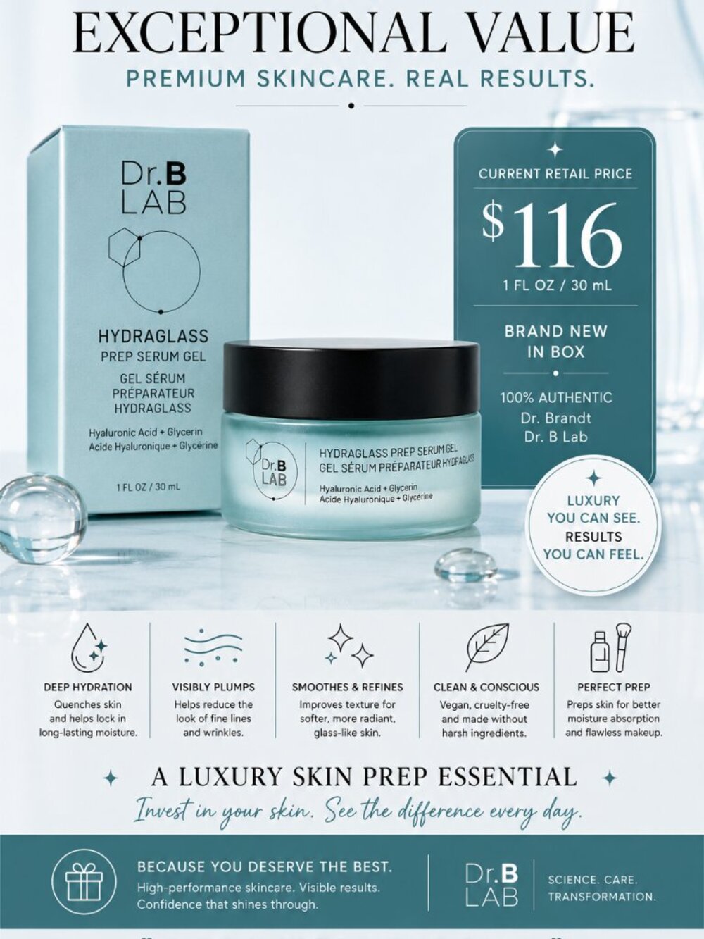 Dr. Brandt Dr. B Lab Hydraglass Prep Serum Gel Hyaluronic Acid 1 oz NIB - Picture 2 of 6